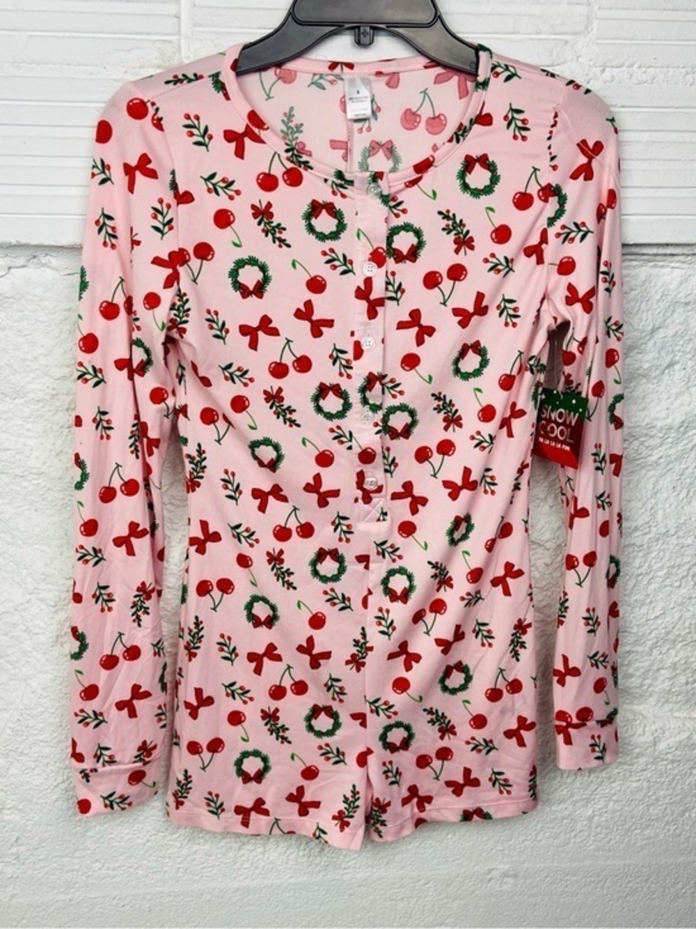 NWT Snow Cool long sleeve Pink Holiday Cherry Print Button-Up romper SZ S & M